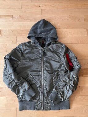 Alpha Industries Gray Hooded Bomber Jacket with Red Accent